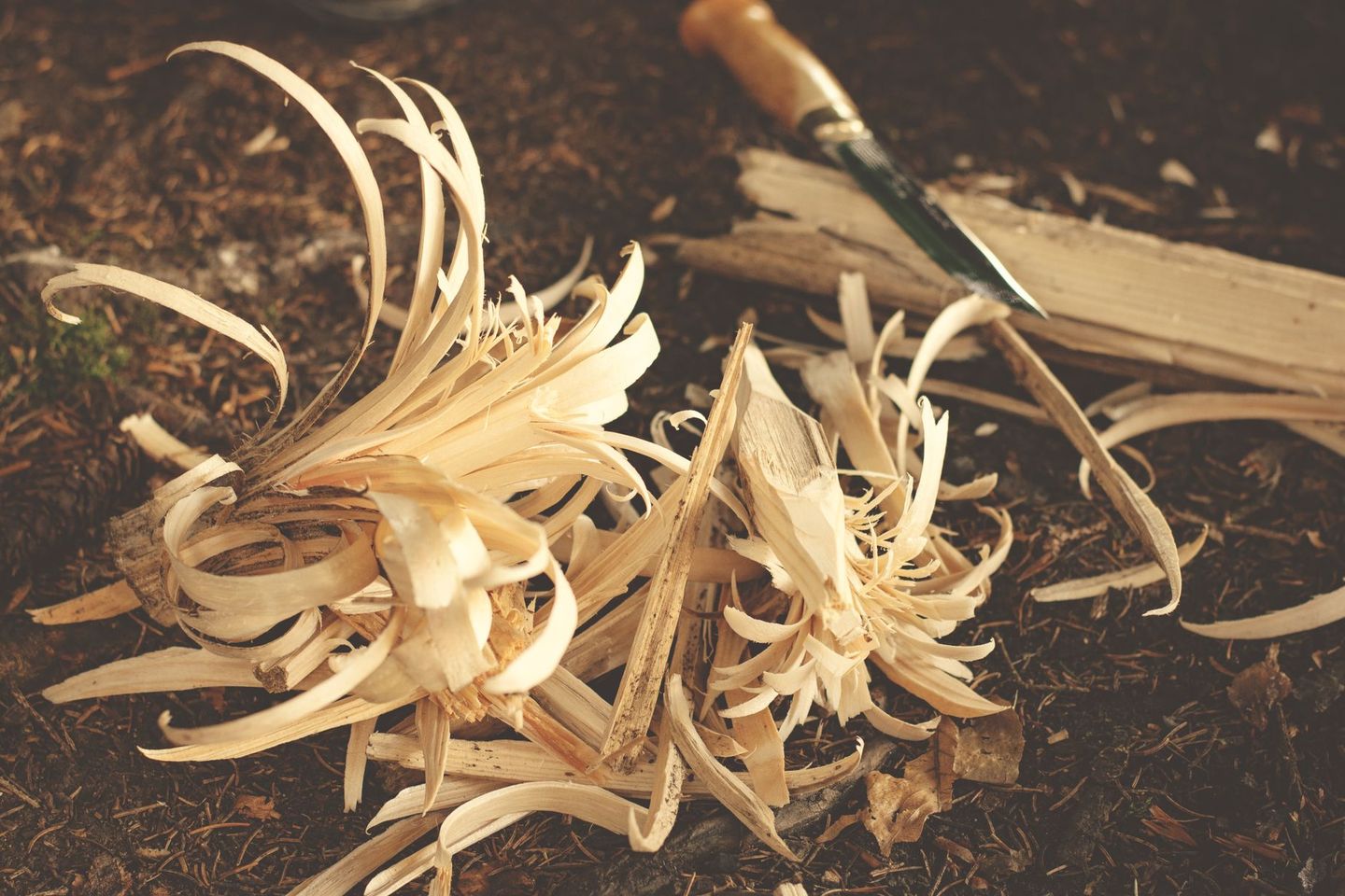 a folding knife and a whittled stick on a picnic table